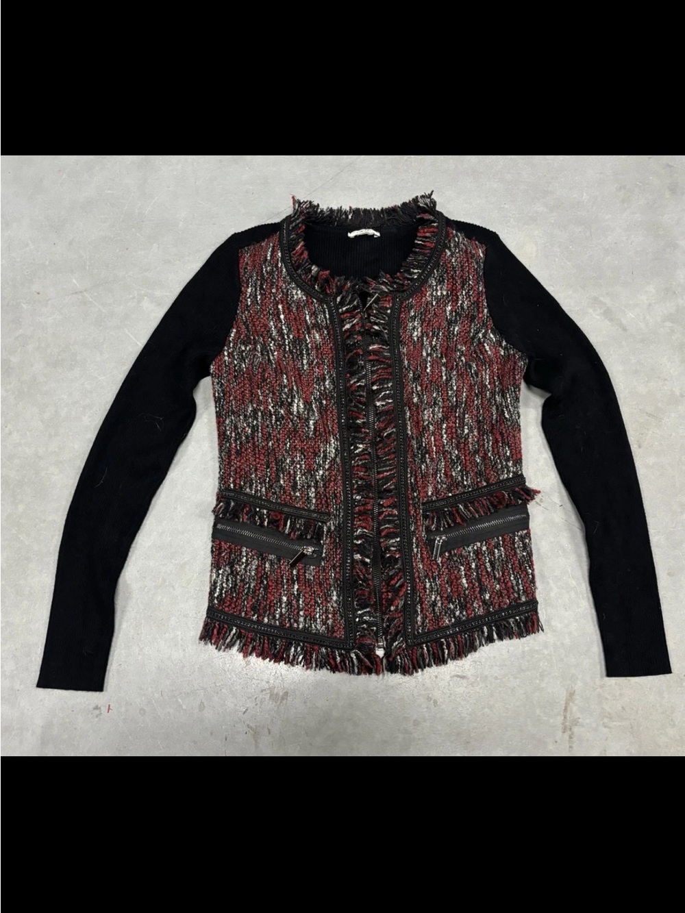 Cache VTG Y2K Tweed Knit Sweater Jacket Fringe Zip Cardigan Red Black SZ.M